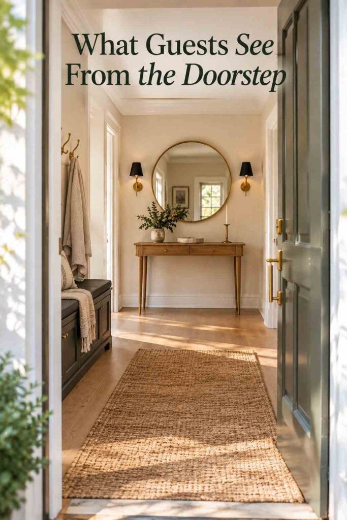 View through an open front door framing a wood console, mirror, and storage bench inside an entryway.
