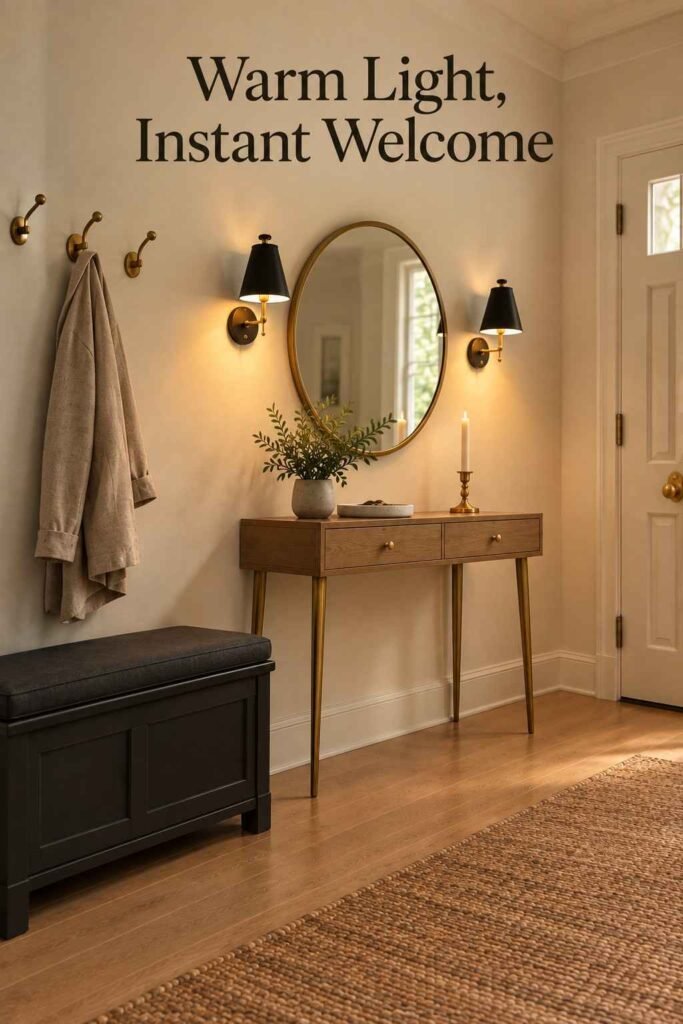 Two black wall sconces glowing warmly against a cream wall above a wood console table in an entryway.