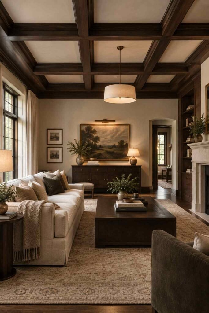 26 Dark Wood Living Room Design Ideas for Walls, Floors & Furniture 6 Formal living room with espresso coffered ceiling and cream sofa
