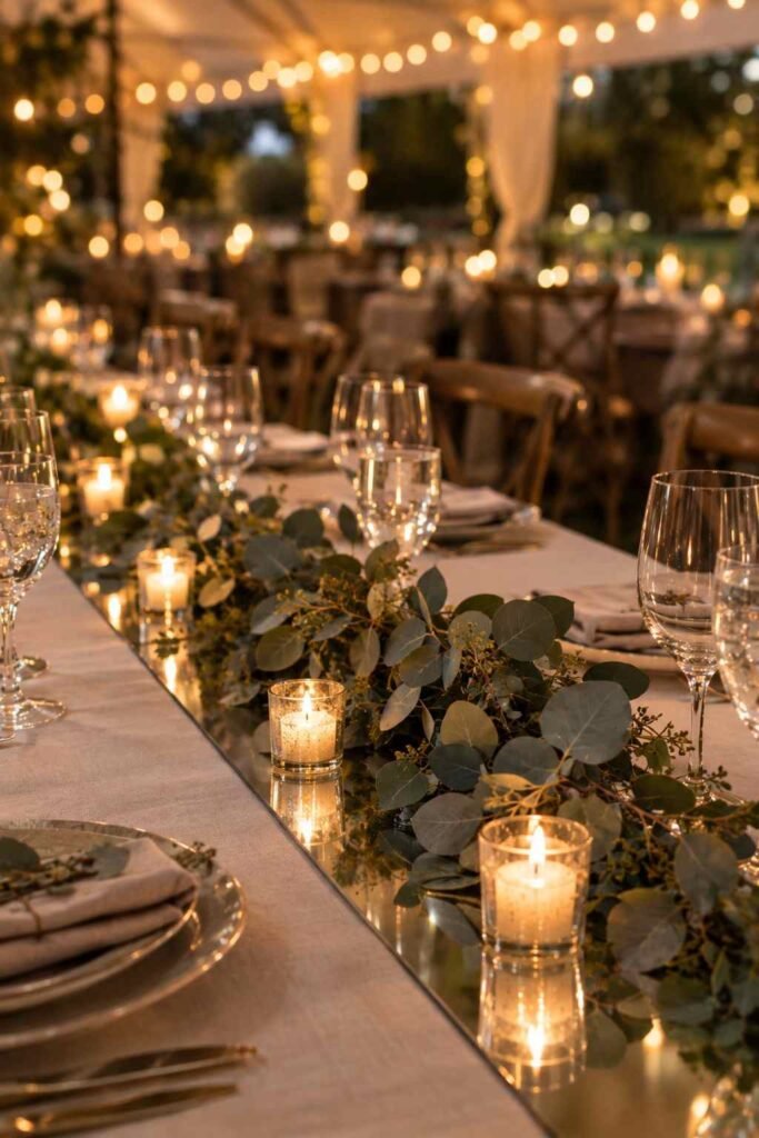 Eucalyptus garland and votives on a mirror runner at a tent wedding.