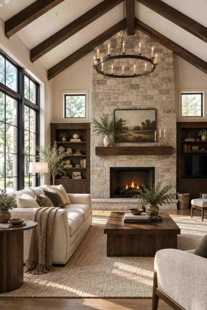 26 Dark Wood Living Room Design Ideas for Walls, Floors & Furniture 5 Vaulted living room with dark exposed ceiling beams and white ceiling