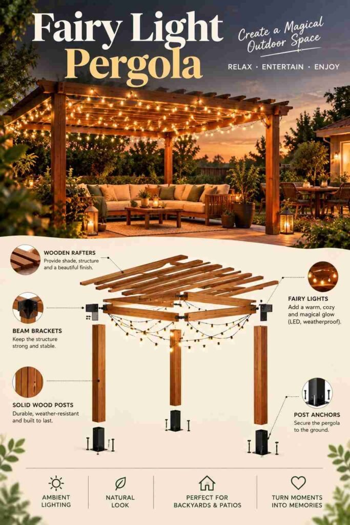 Cozy Outdoor Backyard Ideas to Transform Your Outdoor Space 7 Fairy light pergola with warm wooden beams and glowing string lights over a cozy backyard patio seating area.