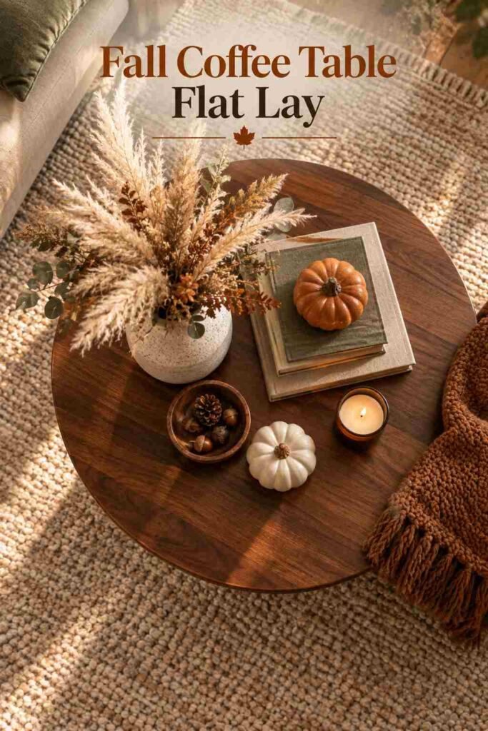 Overhead view of a walnut coffee table styled with dried pampas grass, ceramic pumpkins, and books in a fall living room.
