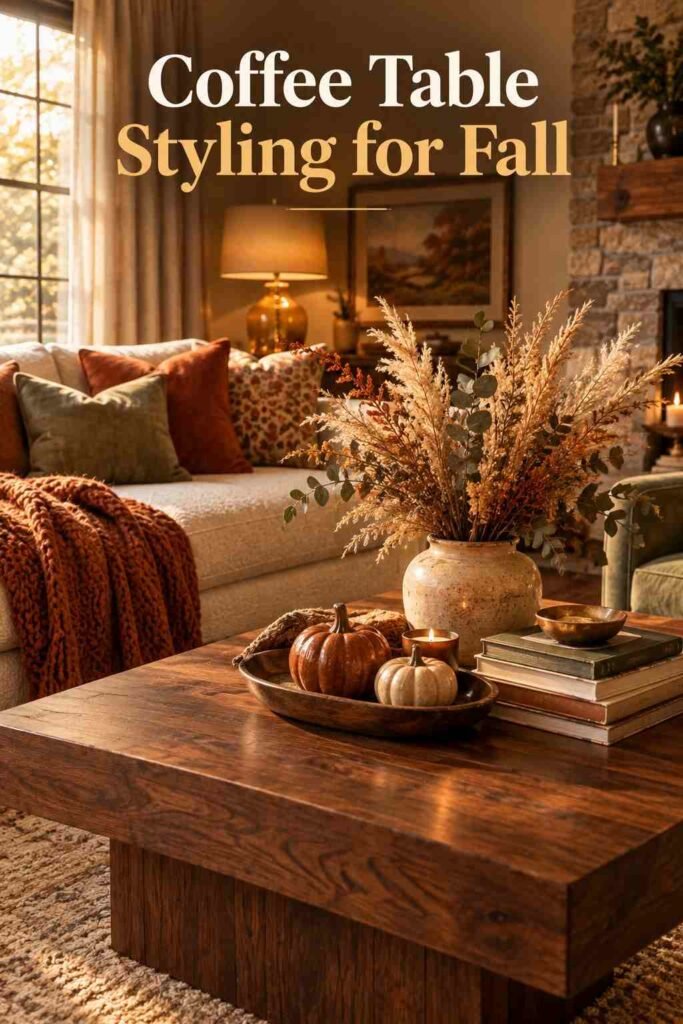 Walnut coffee table styled with dried pampas grass, ceramic pumpkins, and stacked books in a fall living room.