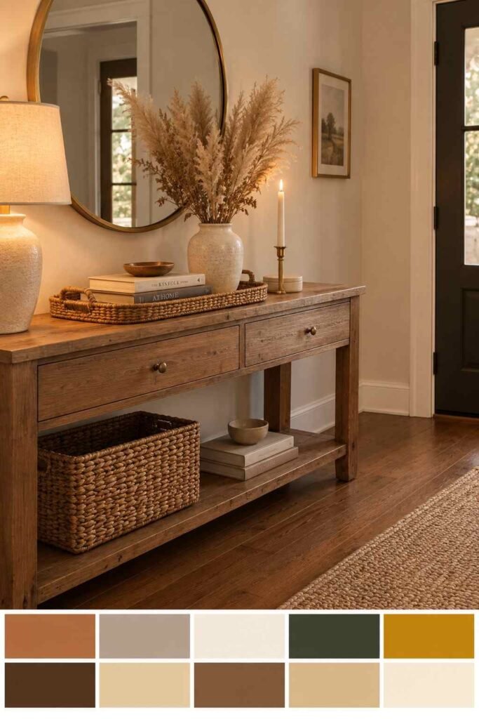 Fall Decor Indoor Ideas to Transform Your Home This Season That Actually Feel Warm 6 Styled fall entryway console table with dried grasses and candles, shown with a color palette swatch strip