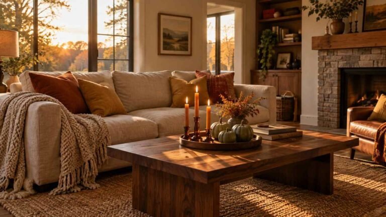 Cozy fall decor indoor ideas living room with warm throw pillows, candles, and a color palette swatch strip below