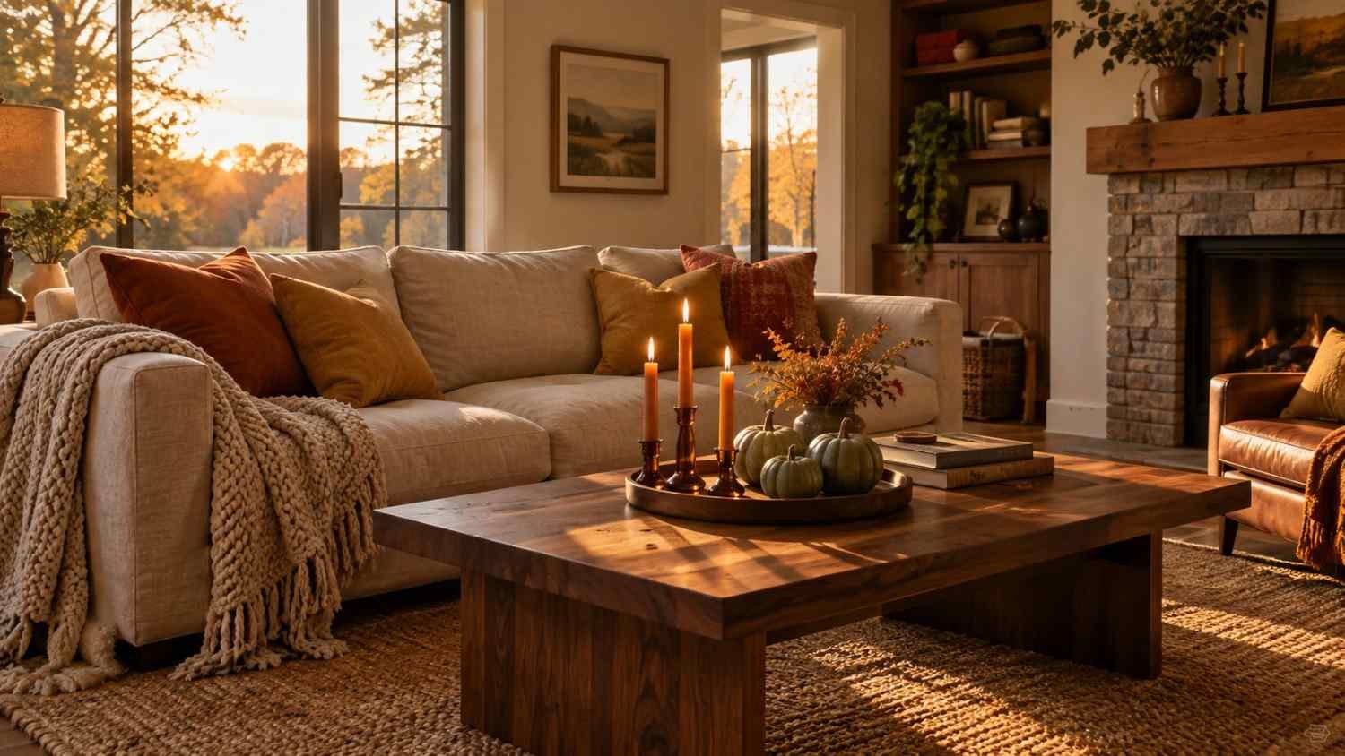 Cozy fall decor indoor ideas living room with warm throw pillows, candles, and a color palette swatch strip below