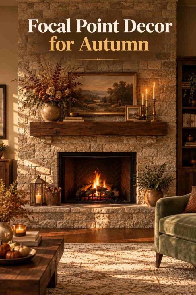 Stone fireplace mantel styled with dried florals, brass candle holders, and a wood-tone frame in a fall living room.