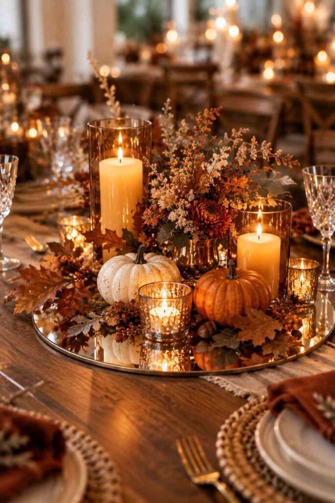 Fall wedding centerpiece with pumpkins and amber candles on a round mirror.