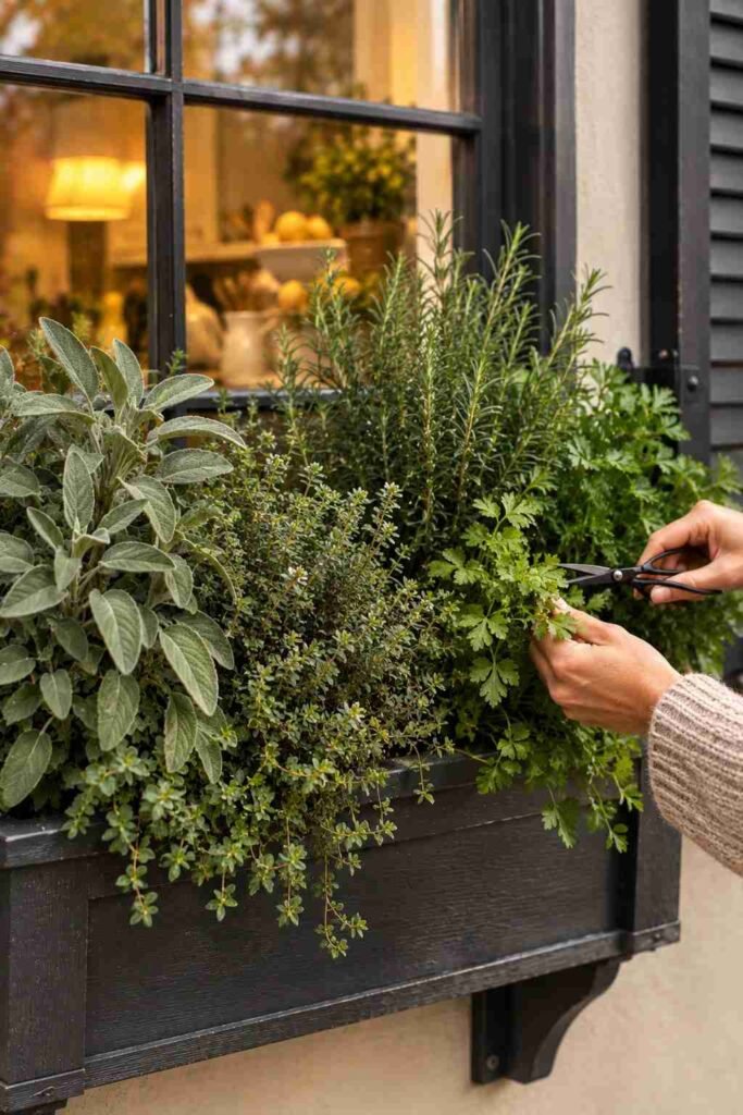 25 stylish Autumn Window Boxes: pansies, violas, heuchera to Make Your Home Glow 14 Hand snipping sage and thyme from a cool-season herb window box