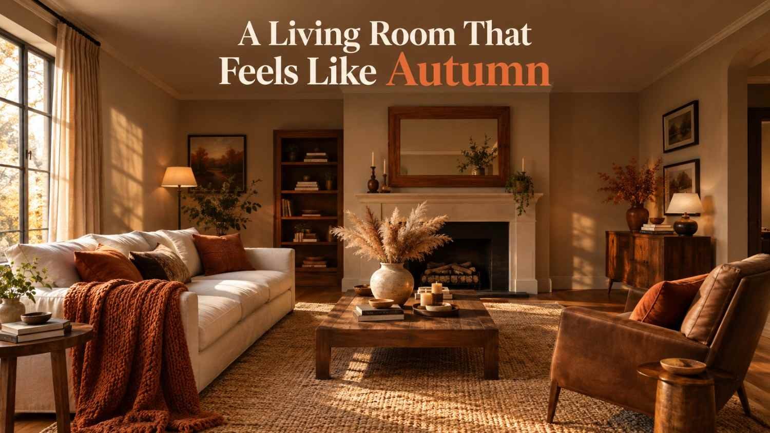Living room decorated for fall with a cream sofa, burnt orange throw, and dried pampas grass in a ceramic vase.