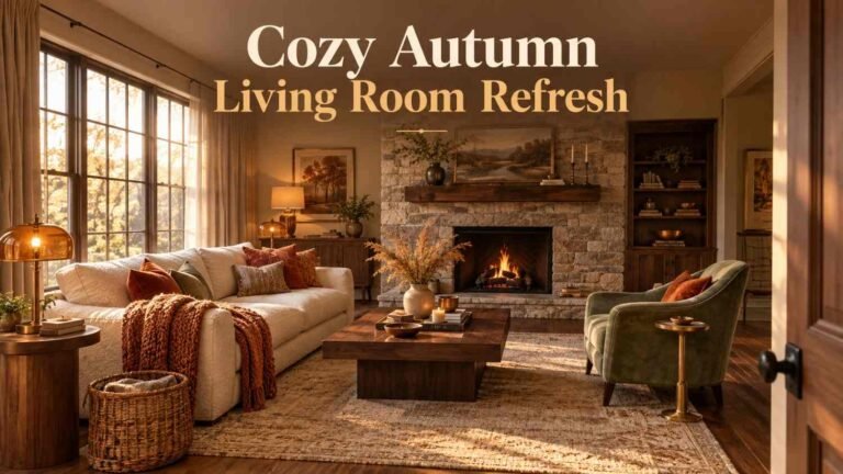 Cozy fall living room with a cream sofa, walnut coffee table, sage green accent chair, and stone fireplace bathed in warm afternoon light.