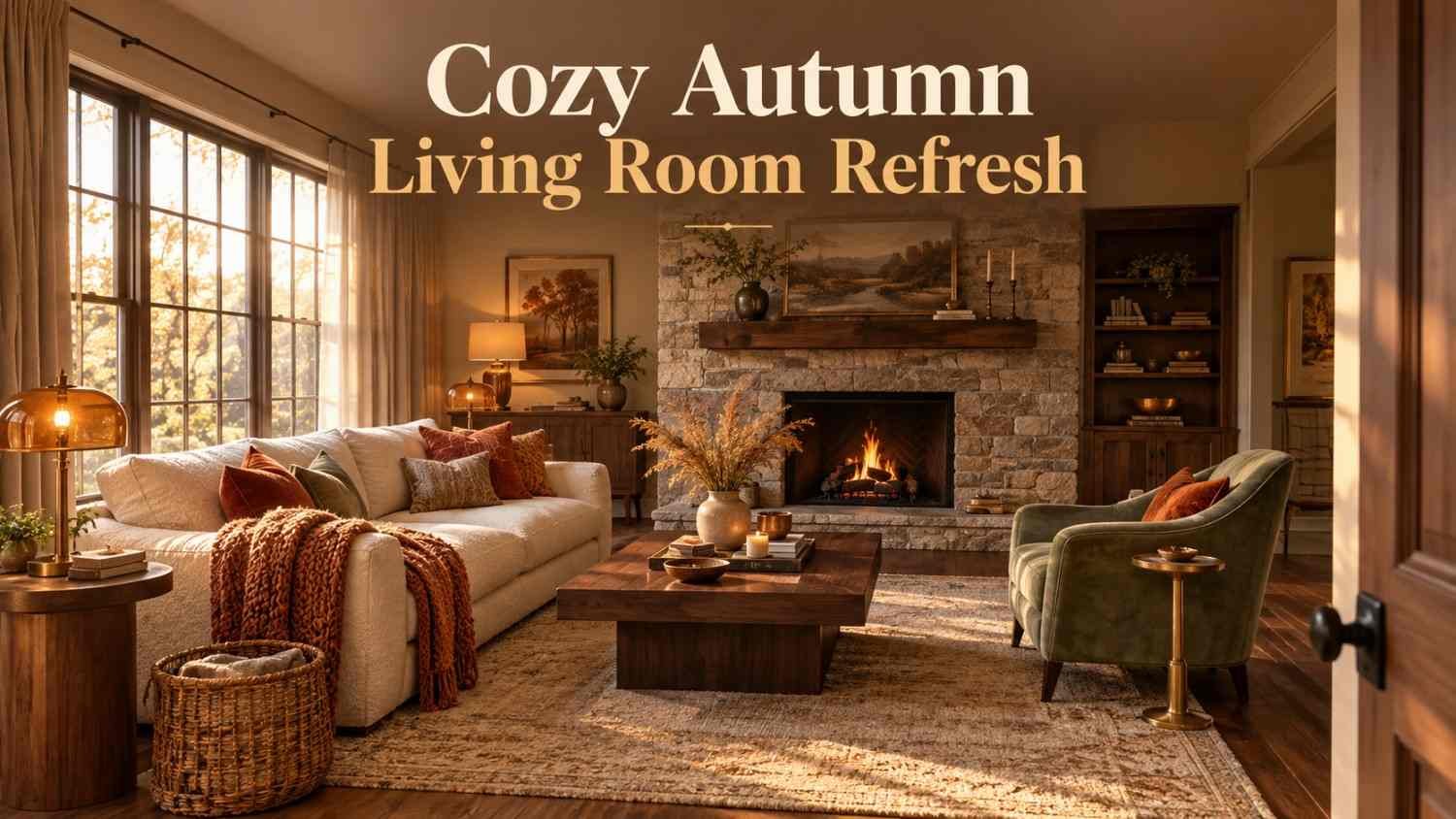 Cozy fall living room with a cream sofa, walnut coffee table, sage green accent chair, and stone fireplace bathed in warm afternoon light.