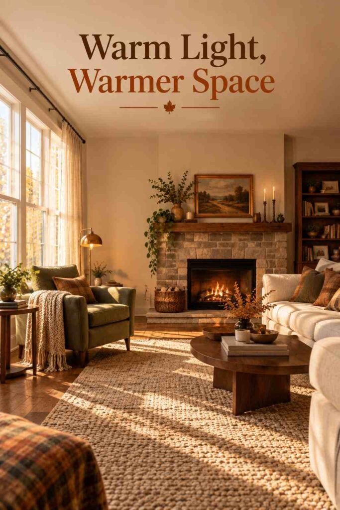 Fall living room bathed in afternoon window light showing the sofa, accent chair, and fireplace across the room.