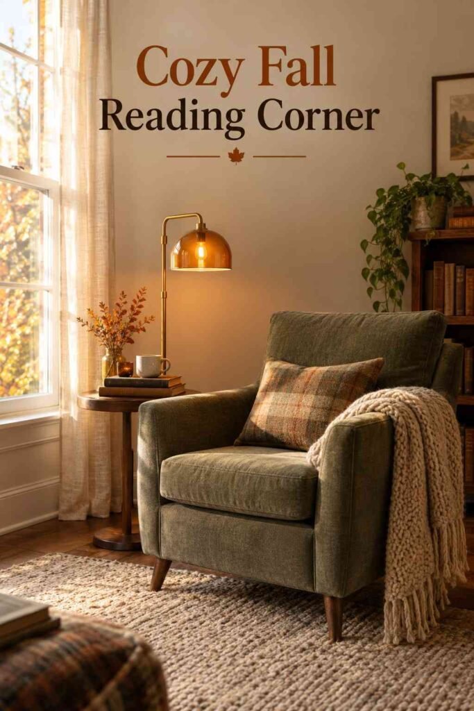 Sage green accent chair by a window with a folded knit throw and brass lamp in a fall living room reading corner.