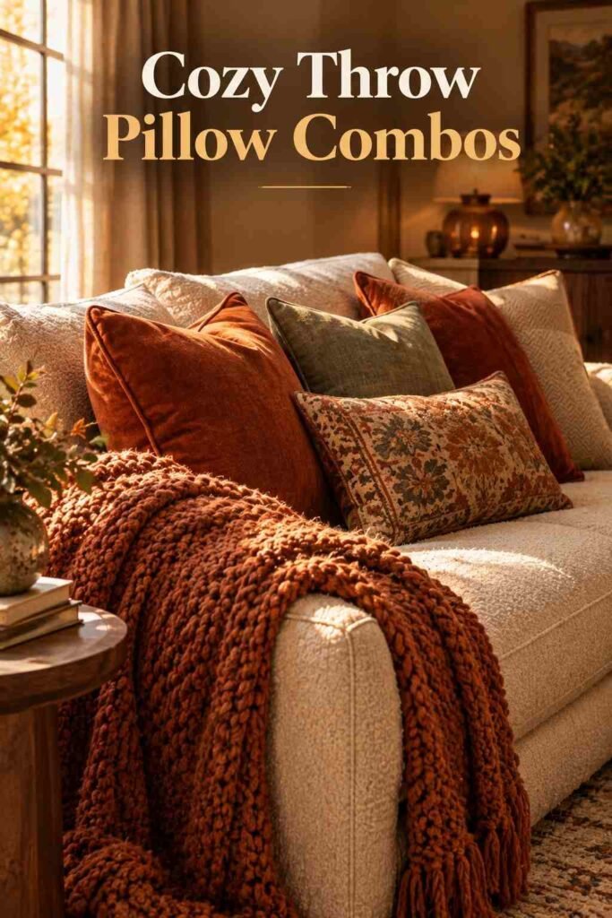 Cream sofa corner layered with a chunky knit throw and rust, burnt-orange, and sage green throw pillows.