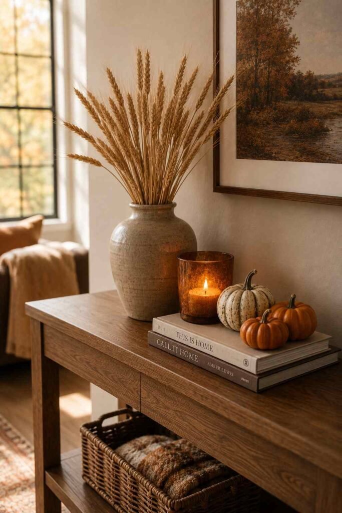 Fall console table styling with pumpkins and warm candle
