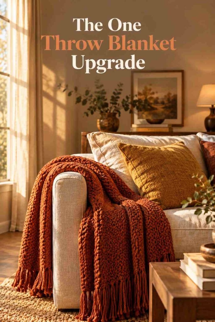 Chunky knit throw blanket draped over a cream sofa arm with a mustard wool pillow.