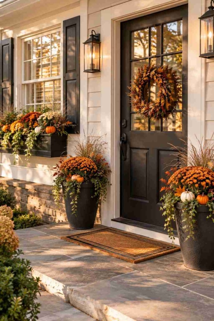 Halloween Decor for Entry Table Ideas to Welcome Guests Spooky, Elegant & Budget-Friendly 23 Fall window box and Halloween planters flanking a front entry