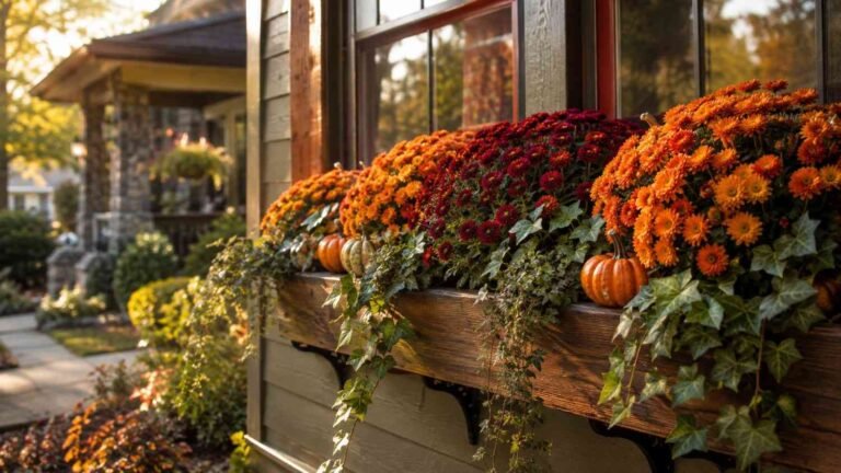 Fall window box with mums and pumpkins, color palette swatch strip below.
