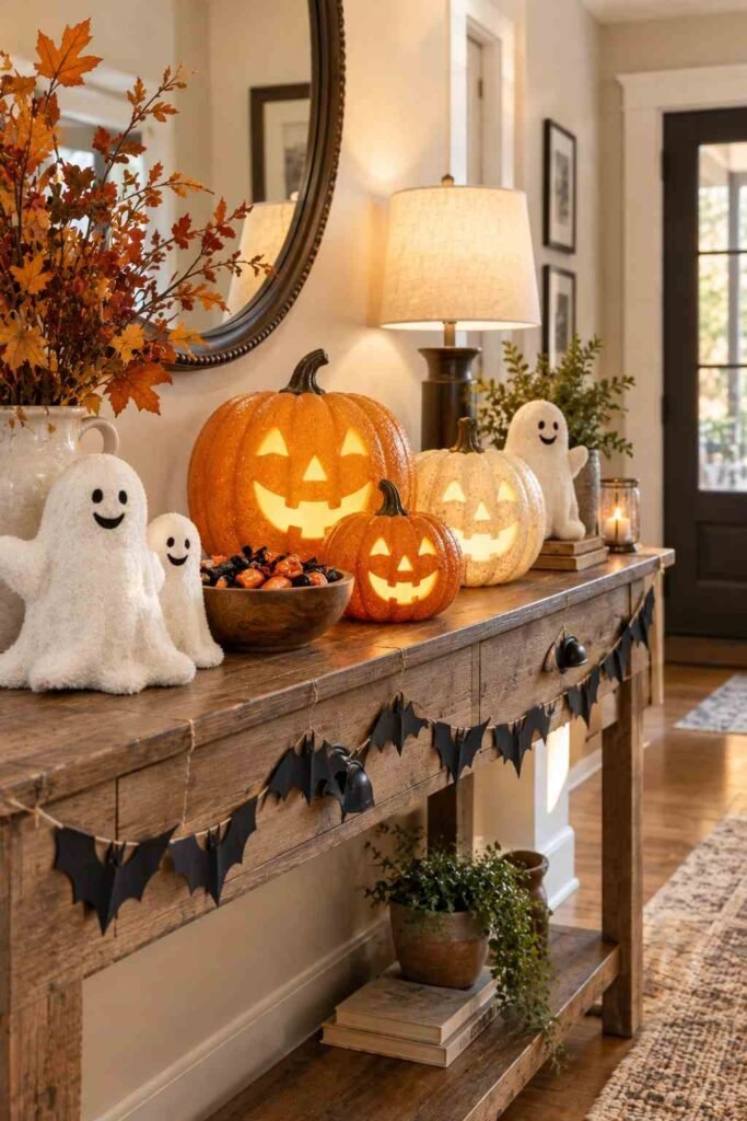 Halloween Decor for Entry Table Ideas to Welcome Guests Spooky, Elegant & Budget-Friendly 18 Family-friendly Halloween decor for entry table with candy bowl and plush ghosts
