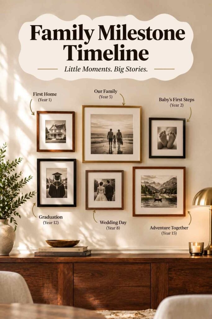 Family milestone timeline displayed as a framed photo wall with meaningful family memories and milestone moments.