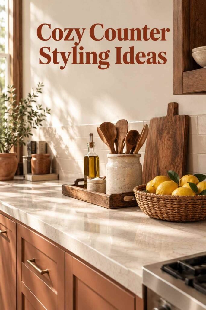 Kitchen Counter Decor Ideas to Transform Your Kitchen in 2026 5 Rustic wood tray, stoneware crock, and woven basket styled on a kitchen counter in a farmhouse-style arrangement.