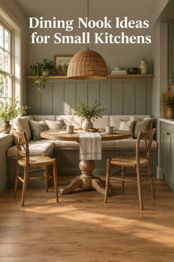 Round oak table in a dining nook set with stoneware mugs and a cream linen table runner.