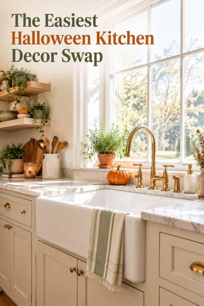 Farmhouse sink and window styled with a striped tea towel, terracotta pumpkin, and potted herb.