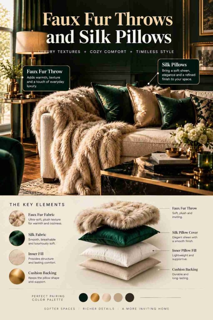Moody glam living room styled with a plush faux fur throw and emerald and champagne silk pillows on a cream sofa.