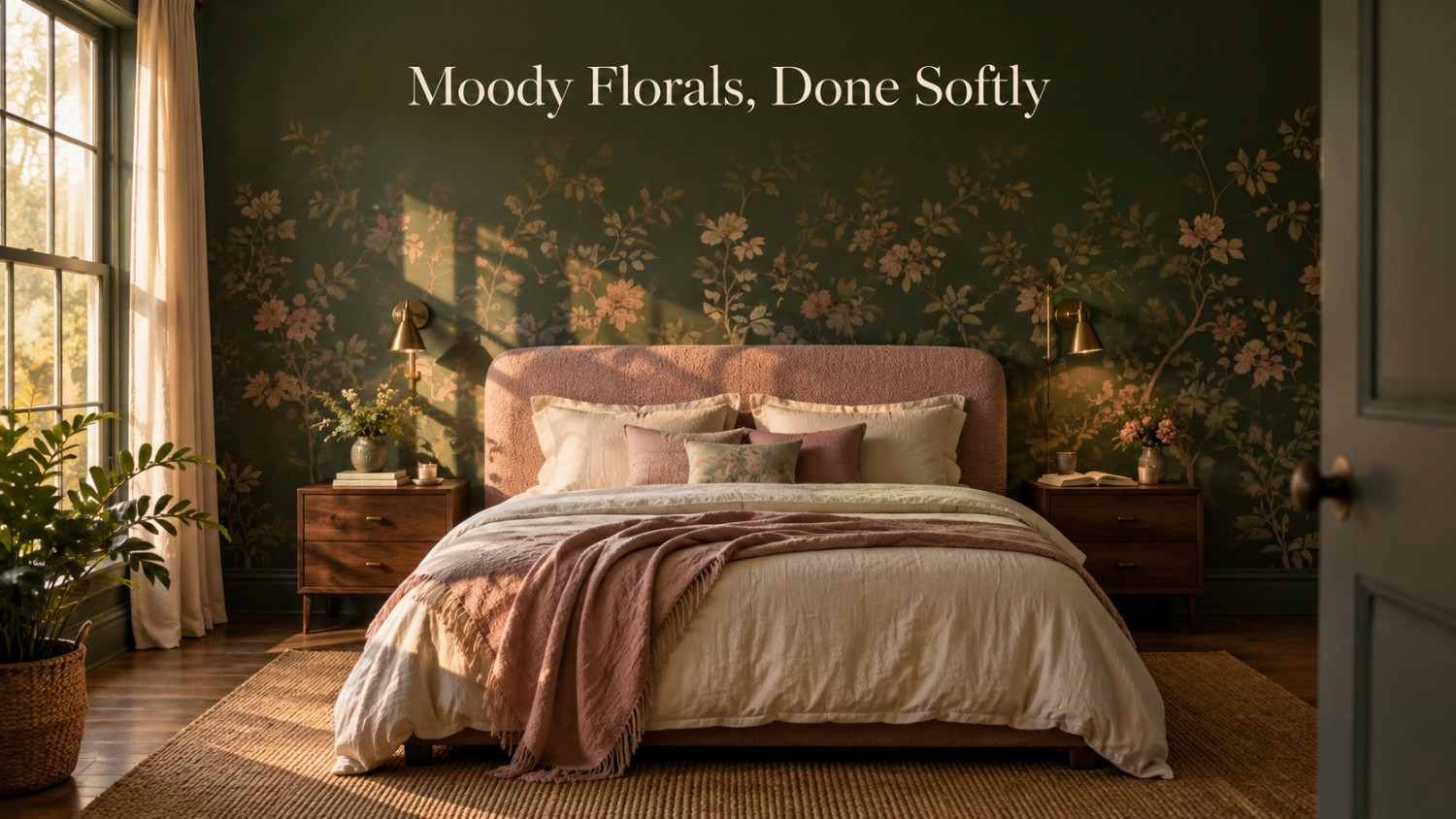 Bedroom with a deep green botanical wallpaper feature wall behind a dusty pink upholstered headboard and layered cream bedding.