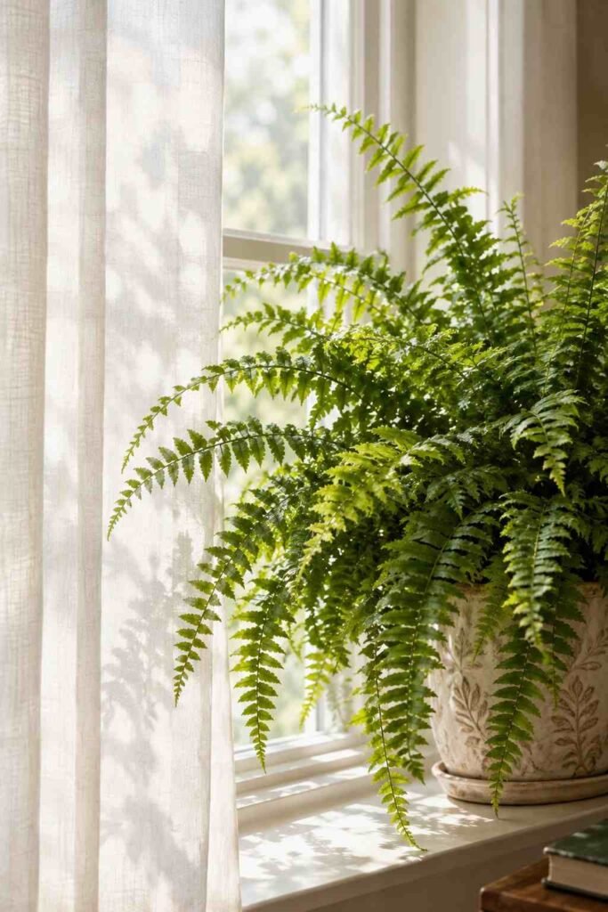 Lush Fern Sunroom Ideas to Turn Any Room Into a Living Retreat (Ideas, Plants & Care Tips) 2 Fern receiving bright indirect light through a sheer curtain in a sunroom window