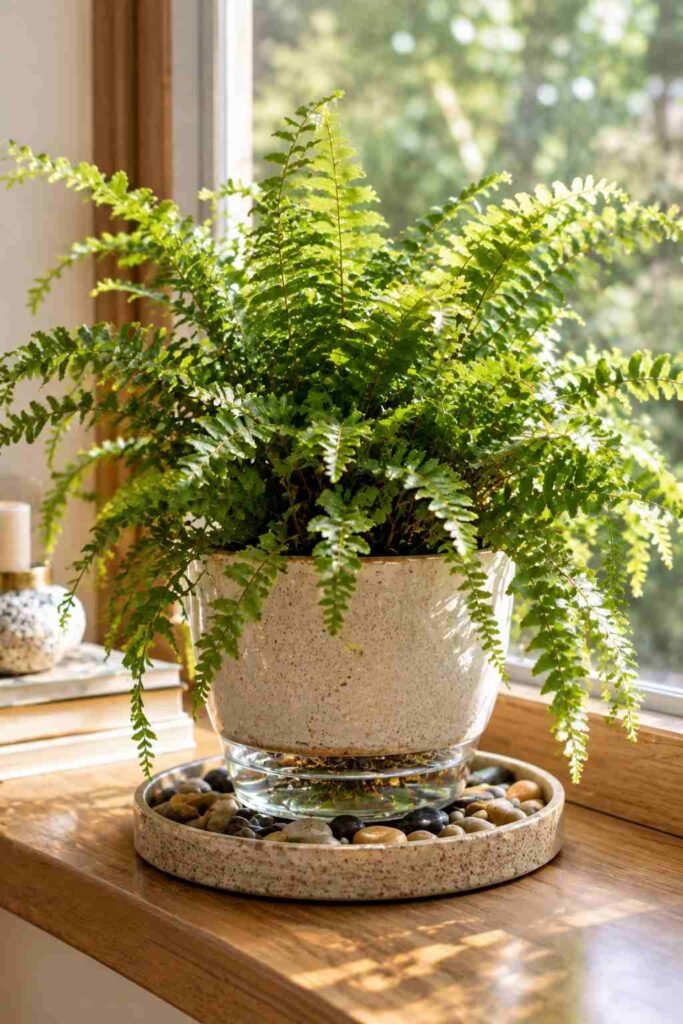 Lush Fern Sunroom Ideas to Turn Any Room Into a Living Retreat (Ideas, Plants & Care Tips) 15 Pebble tray raising humidity for a fern in a sunroom