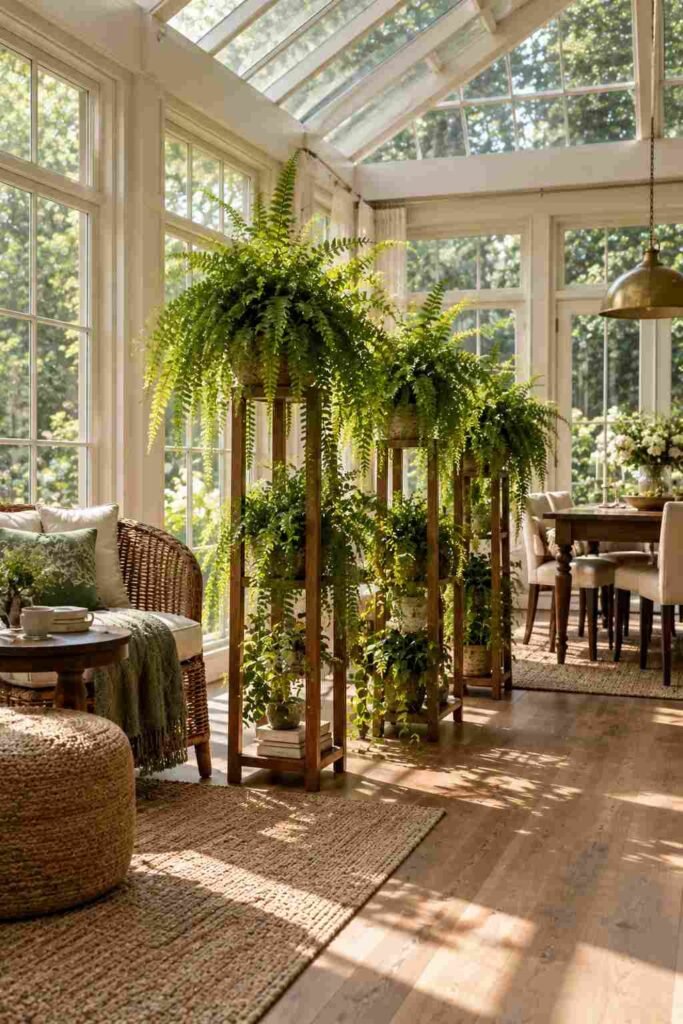 Lush Fern Sunroom Ideas to Turn Any Room Into a Living Retreat (Ideas, Plants & Care Tips) 8 Tall ferns used as a room divider in a large sunroom