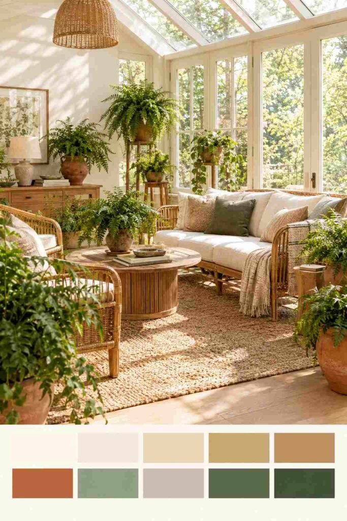 Lush Fern Sunroom Ideas to Turn Any Room Into a Living Retreat (Ideas, Plants & Care Tips) 14 Styled lush fern sunroom with rattan furniture and a Bright Botanical Neutral color palette strip