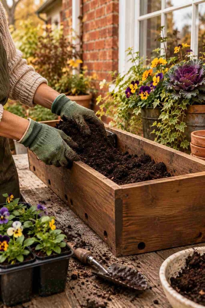 25 stylish Autumn Window Boxes: pansies, violas, heuchera to Make Your Home Glow 2 Gloved hands filling a deep window box with fresh potting mix before fall planting