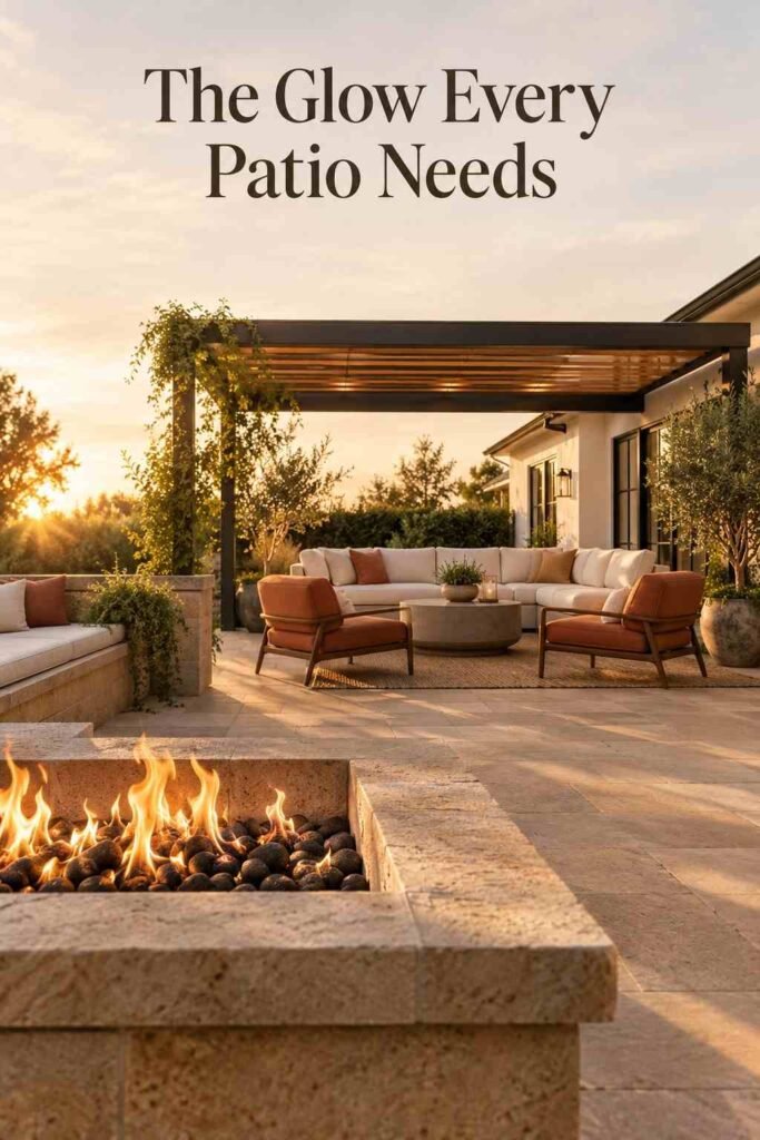Backyard Patio Designs to Transform Your Outdoor Space in 2026 9 Close-up of flames and stone texture on a built-in sunken fire pit with blurred bench seating in the background.