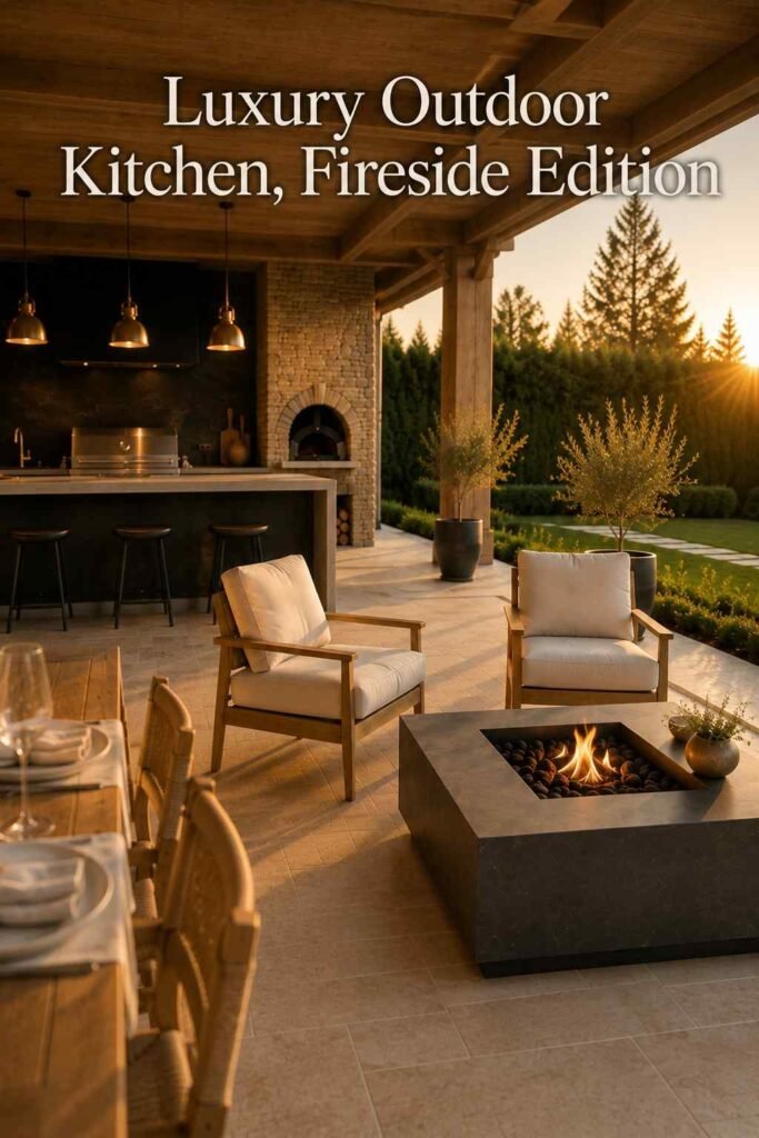 Luxury Outdoor Kitchen Ideas That Turn Your Backyard Into a Private Retreat 12 Low fire table with a small flame between two cream-cushioned lounge chairs, with potted olive trees and green hedges beyond.