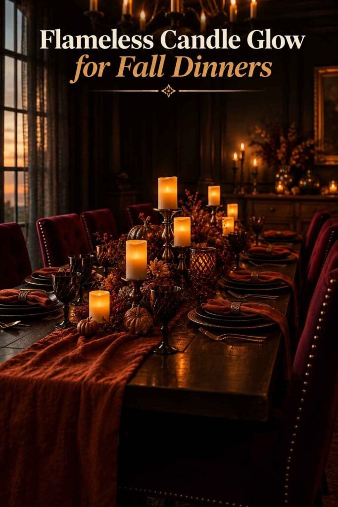 Rows of flickering flameless candles casting warm light down a dark dining table at dusk.
