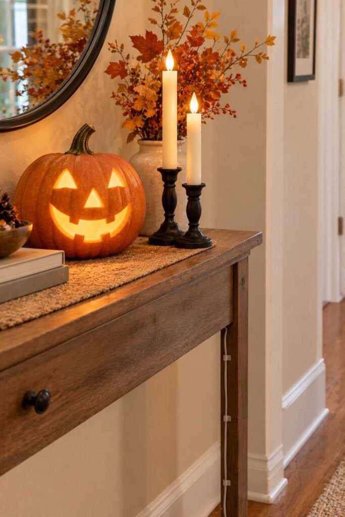 Halloween Decor for Entry Table Ideas to Welcome Guests Spooky, Elegant & Budget-Friendly 24 Flameless candles safety tip for Halloween decor for entry table