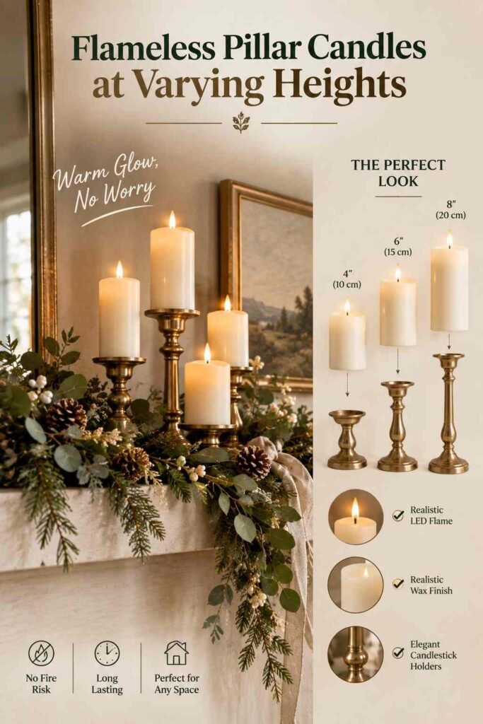Flameless pillar candles at varying heights arranged in elegant brass holders on a festive Christmas mantel with greenery and pinecones.