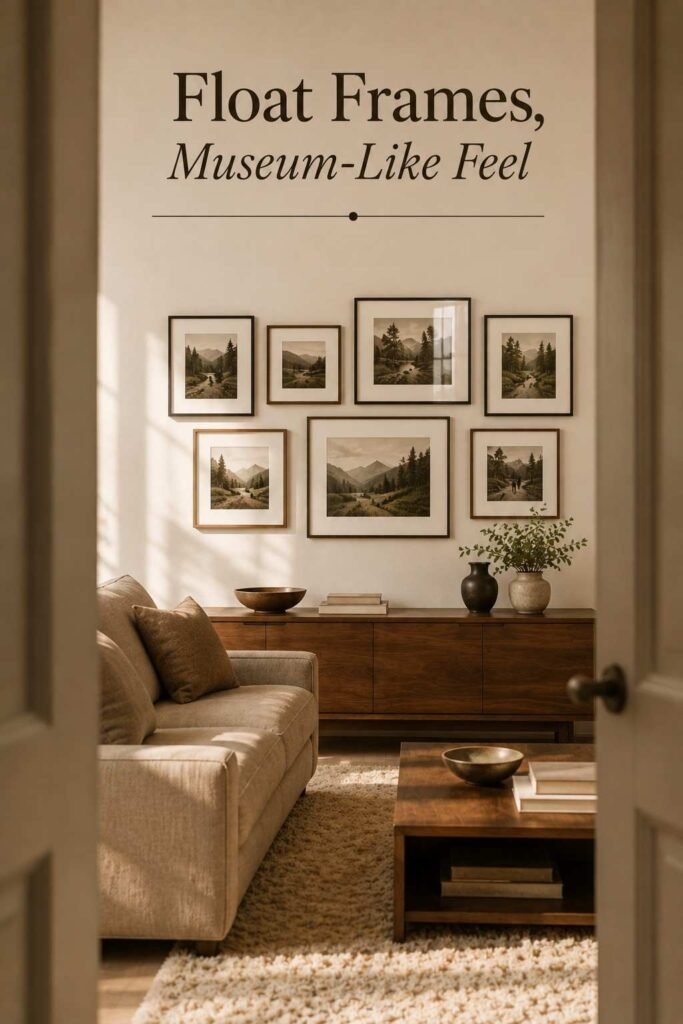 Living room photo wall with an acrylic float frame viewed through an open doorway.
