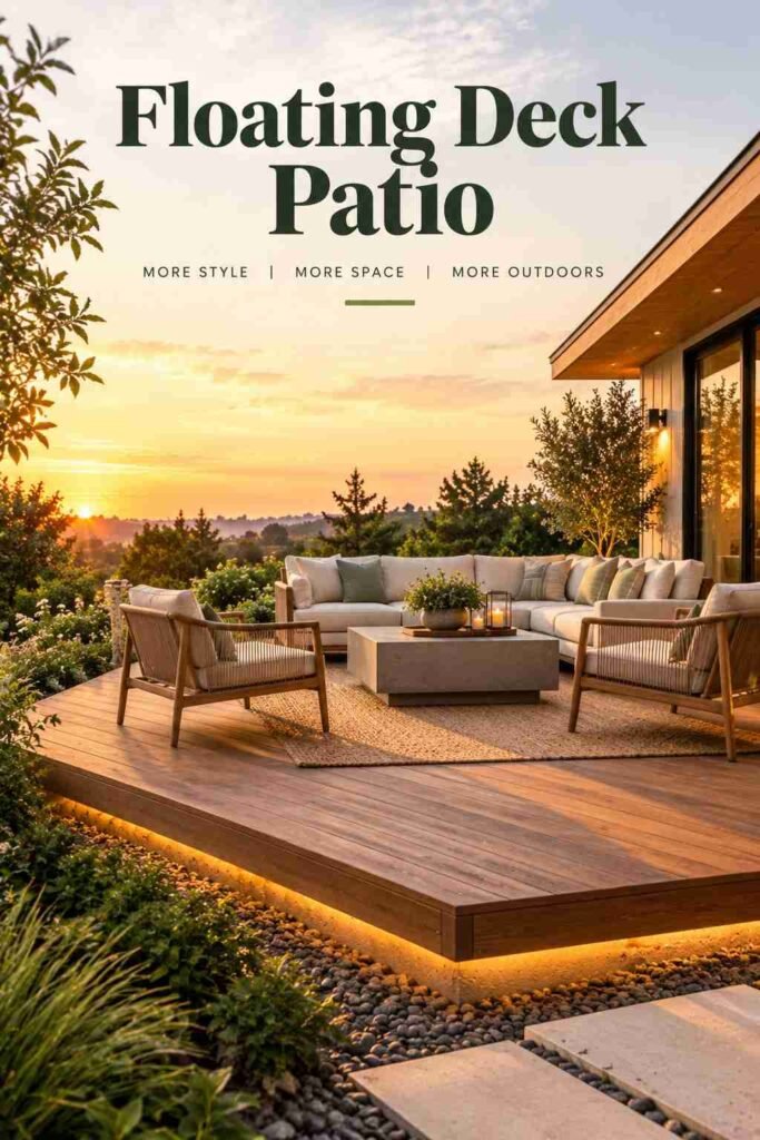 Backyard Patio Designs to Transform Your Outdoor Space in 2026 11 Floating deck patio with a warm wood platform, cream outdoor seating, lounge chairs, and sunset views.