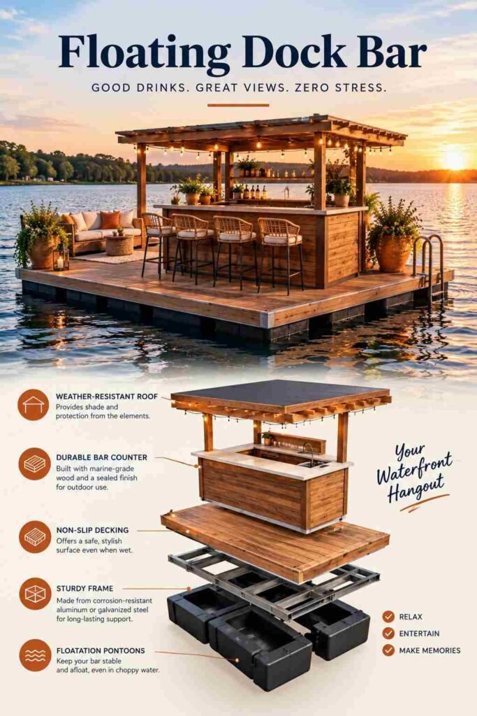 Floating dock bar with a wood pergola, weather-resistant construction, rattan stools, and waterfront seating at sunset.