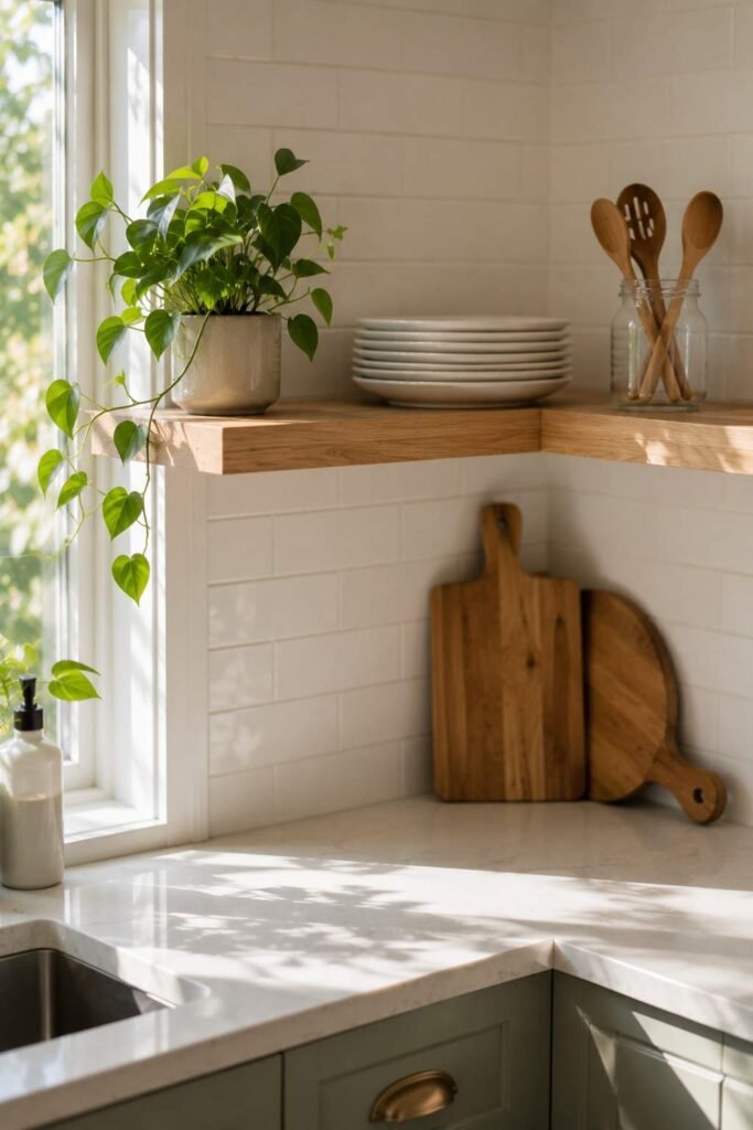 26 Kitchen Open Shelving Ideas for Corners: Styles, Sizes and Layouts 4 Floating L-shaped oak corner shelf with white plates in a modern kitchen