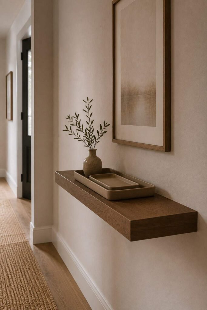 Floating shelf and nested trays as cozy console table styling alternative
