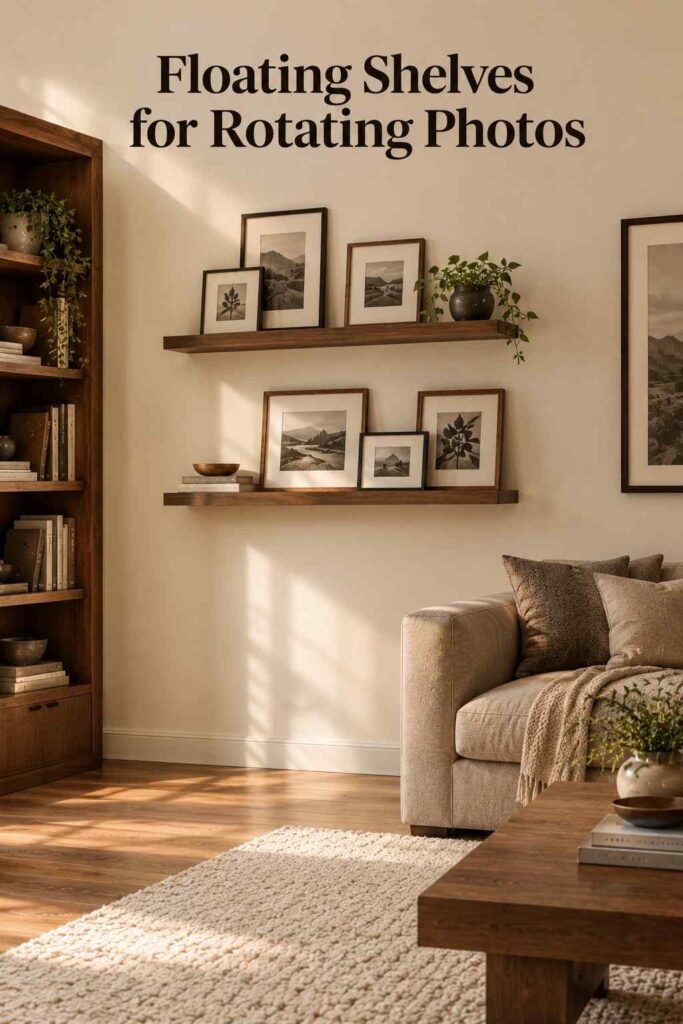Two floating wood ledge shelves holding leaning framed photos with a small plant between frames.