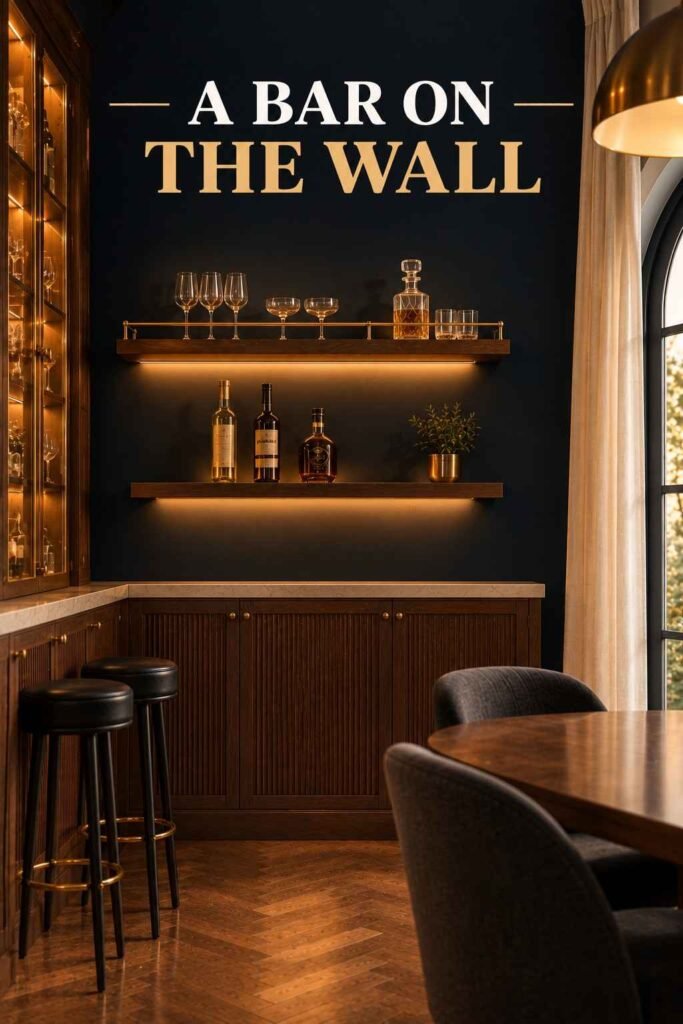 Dining Room Bar Ideas to Make Every Dinner Feel Like a Party 7 Open walnut shelf with a brass rail above a second floating shelf on a deep navy wall, holding three bottles, stemware, and a small decanter in warm light.