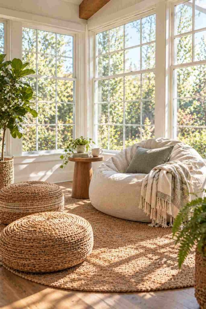 Floor poufs and bean bags as flexible indoor sunroom furniture for small spaces