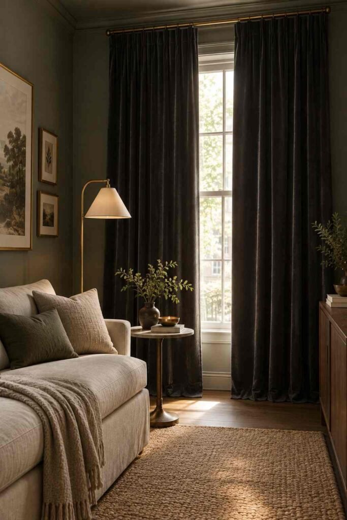 Floor-to-ceiling charcoal velvet curtains framing a tall apartment window.